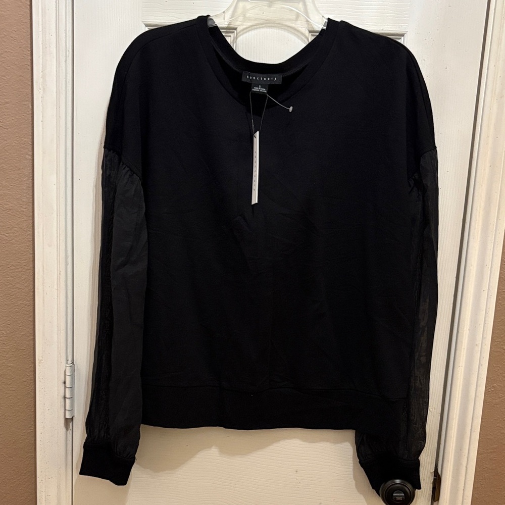 Sanctuary Black Crewneck with Sheer Paneled Sleeves. NWT